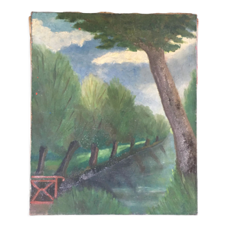 Tableau ancien les arbres et le canal