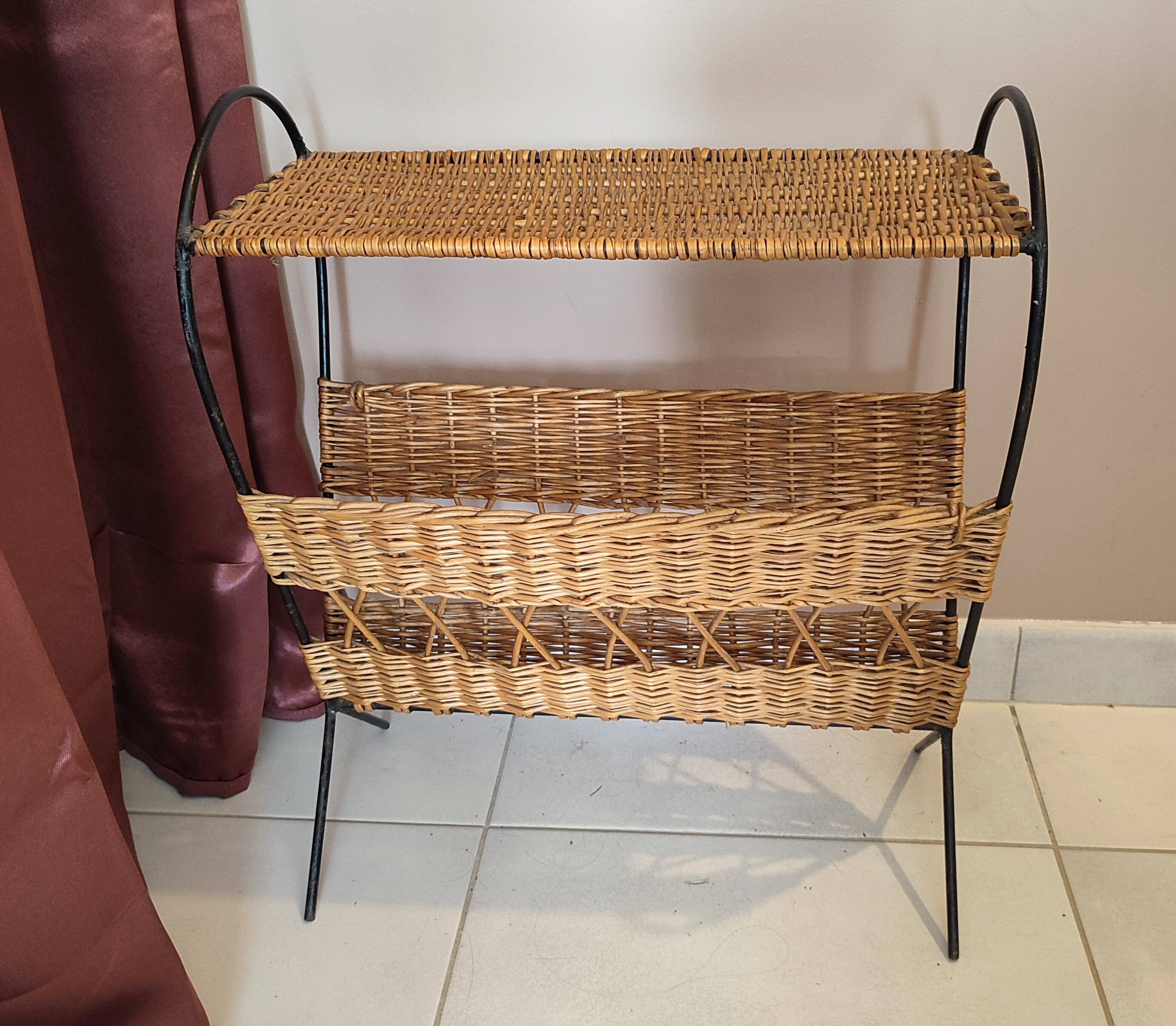 Antique magazine rack made of iron and woven rattan wicker