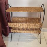 Antique magazine rack made of iron and woven rattan wicker