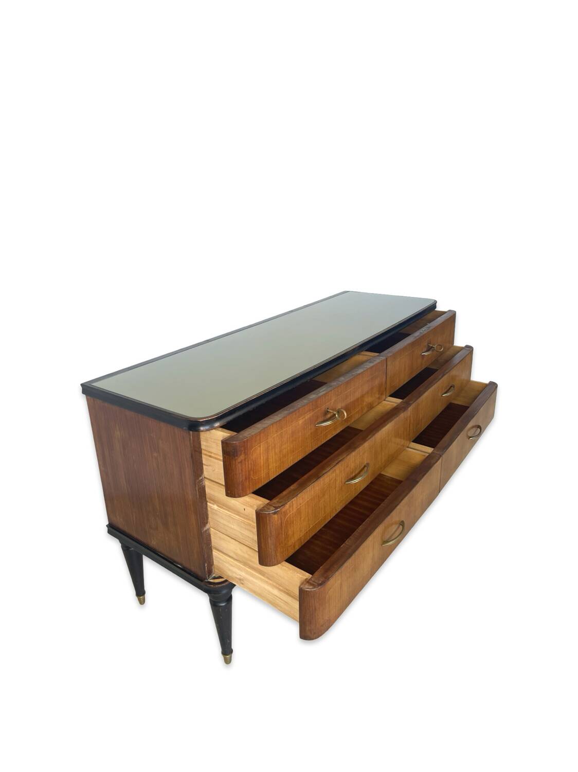 Commode en acajou plaqué avec plateau en verre vert, années 1950