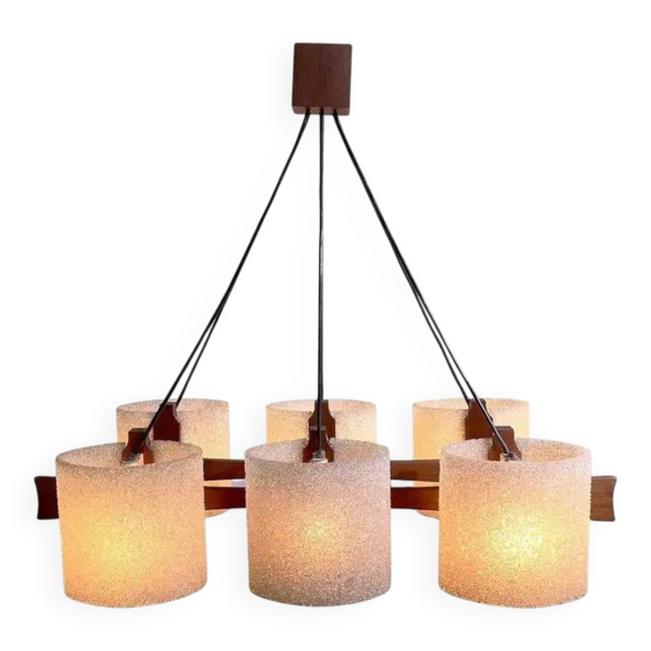 Suspension vintage 6 lumières, teck et perspex, 1960 — Beyit