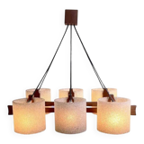 Suspension vintage 6 lumières, teck et perspex, 1960