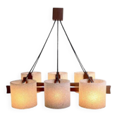 Suspension vintage 6 lumières, teck et perspex, 1960