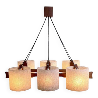 Vintage 6-light pendant lamp, teak and perspex, 1960
