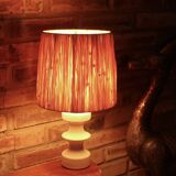 White ceramic lamp by Cari Zalloni, raffia lampshade