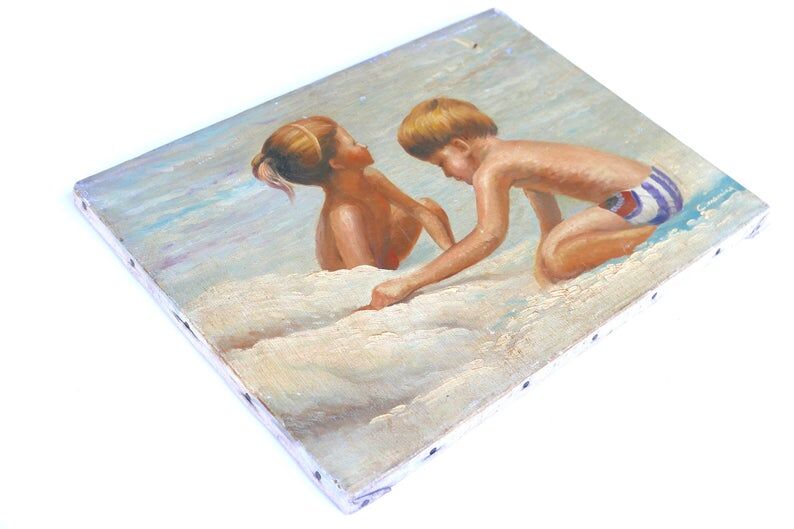 Oil painting: children's games, 1950s