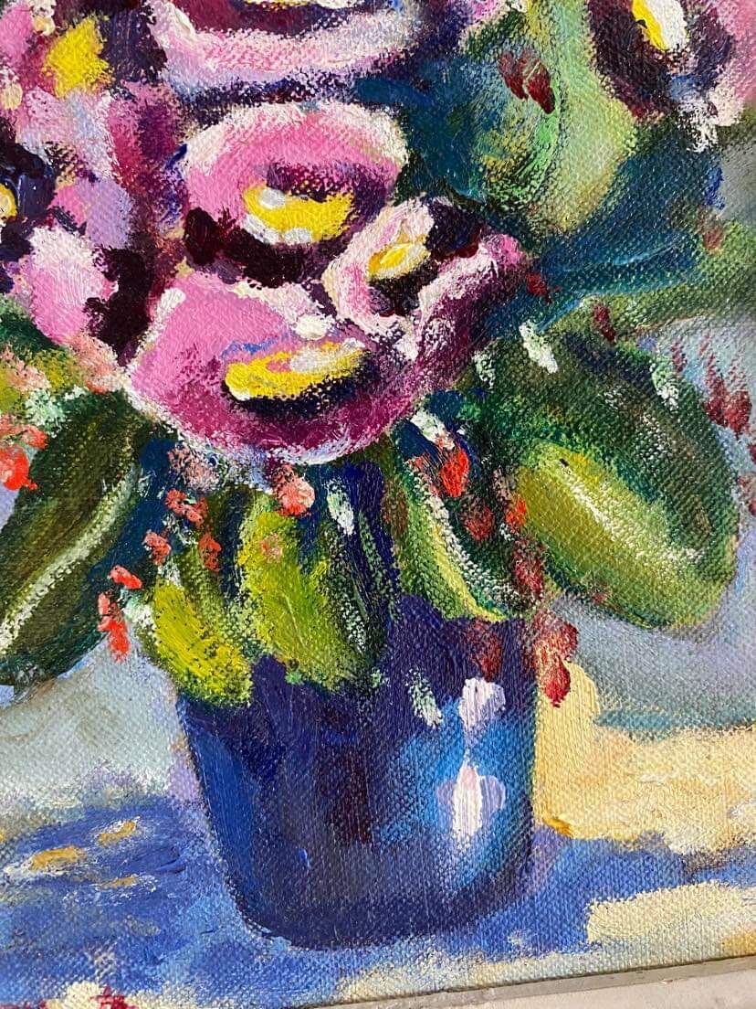 Painting on panel flowers in a vase.