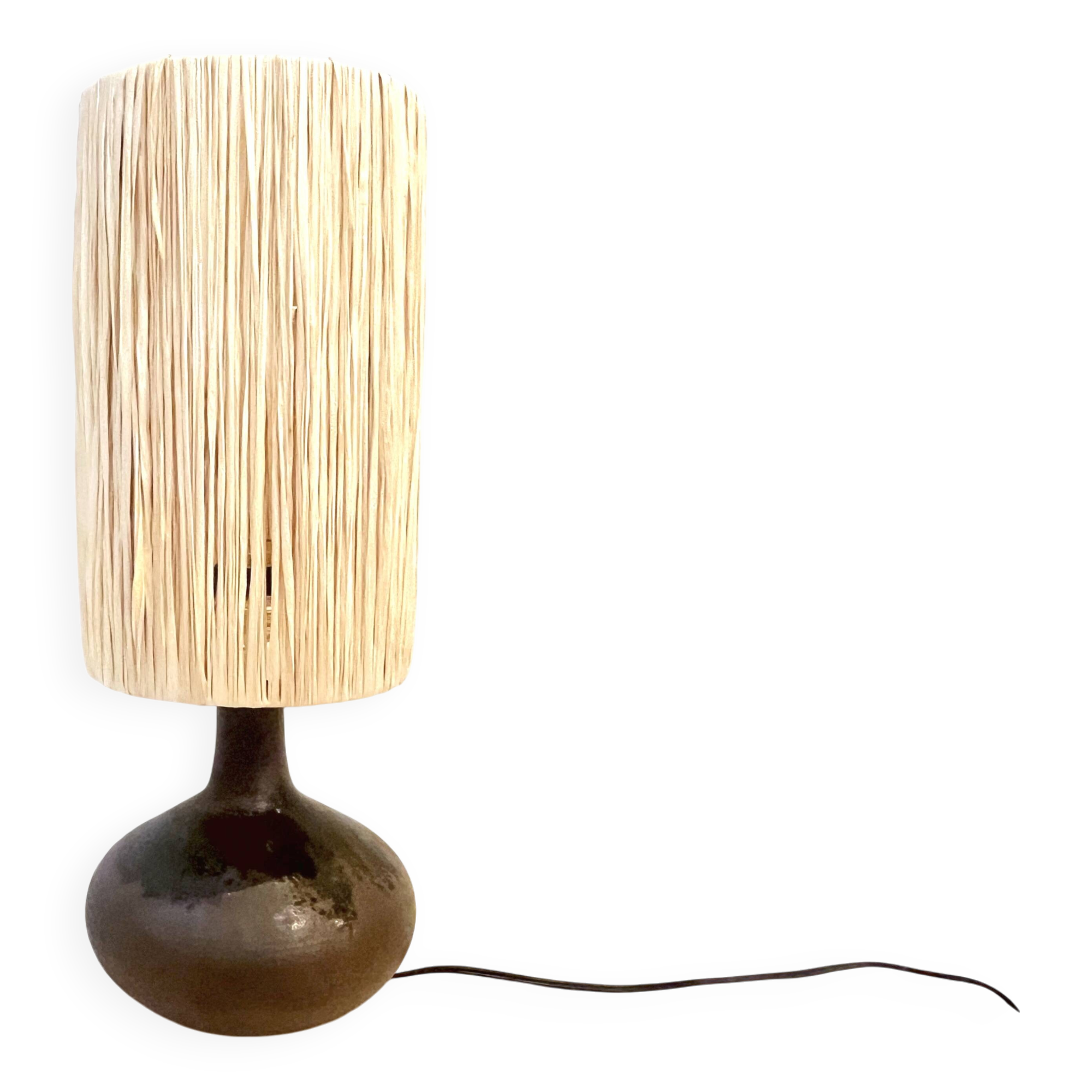 Vintage design lamp base in brown pyrite stoneware with raffia lampshade 1970
