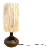 Vintage designer lamp base in brown pyrite stoneware with raffia lampshade, 1970s