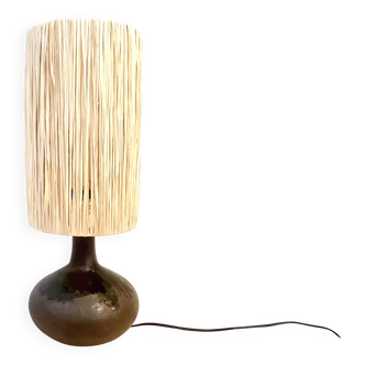 Vintage designer lamp base in brown pyrite stoneware with raffia lampshade, 1970s