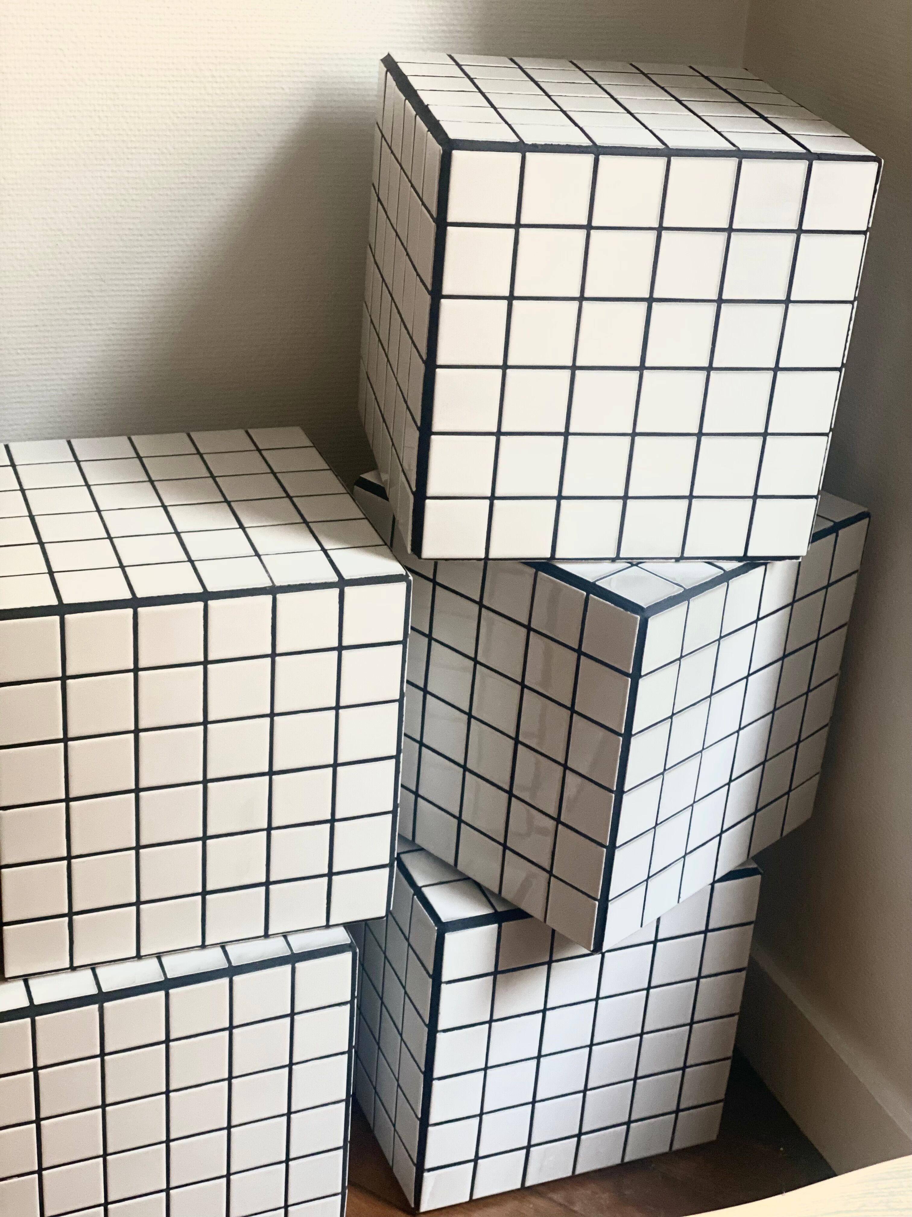 Side table cube gigi tile mosaic white joint black sofa end