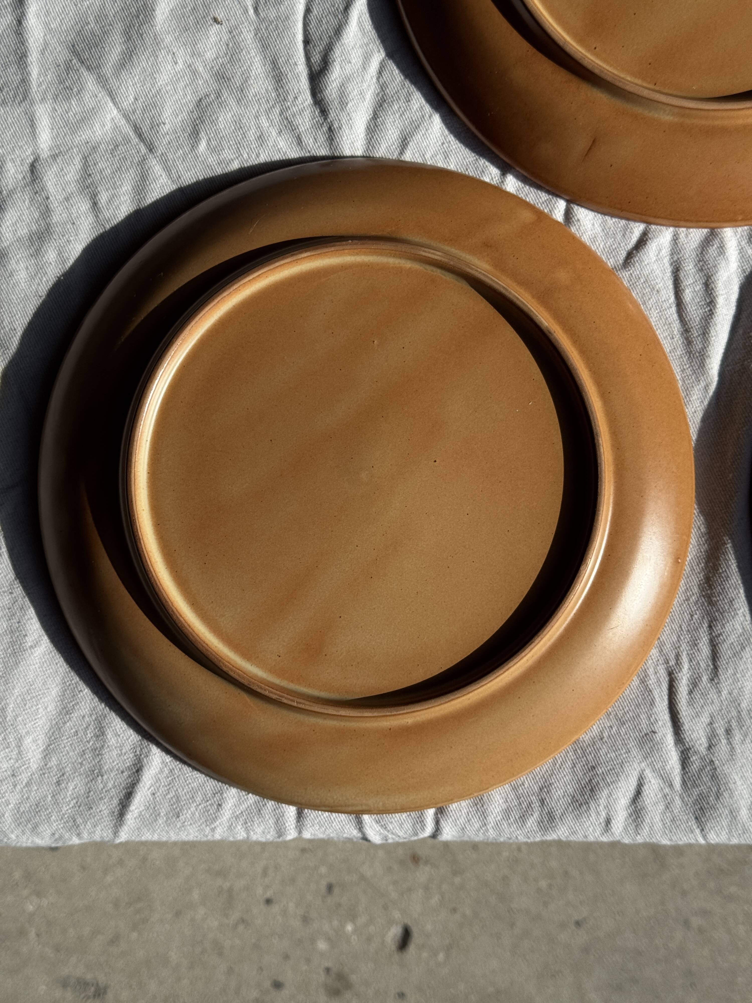 Set of 4 flat dinner plates in stoneware, no brand underneath.