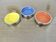 Set of 3 stackable ashtrays in colored melamine, chrome metal from the 70s