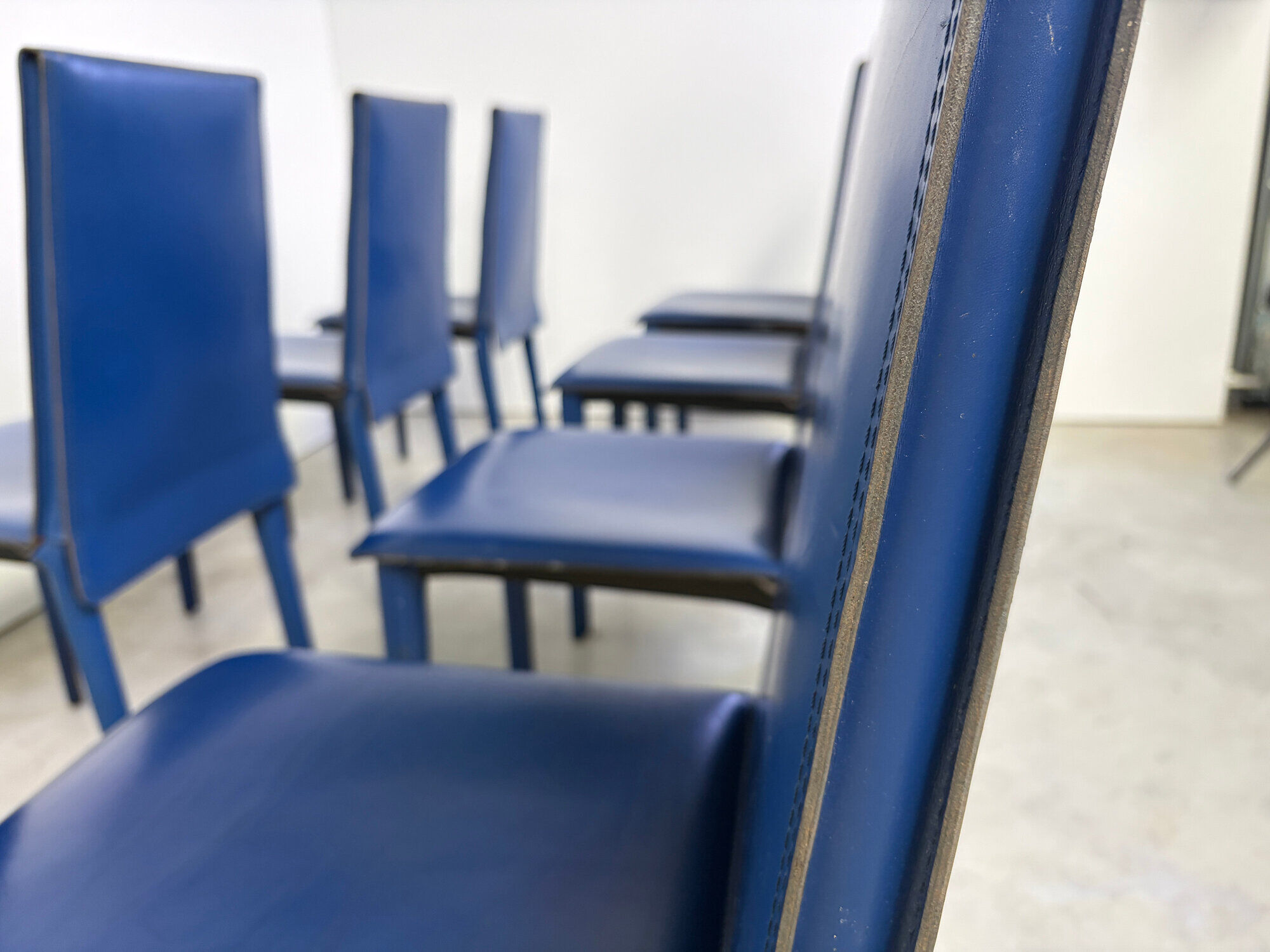 Blue leather dining chairs by Fasem, 1980s - set of 8
