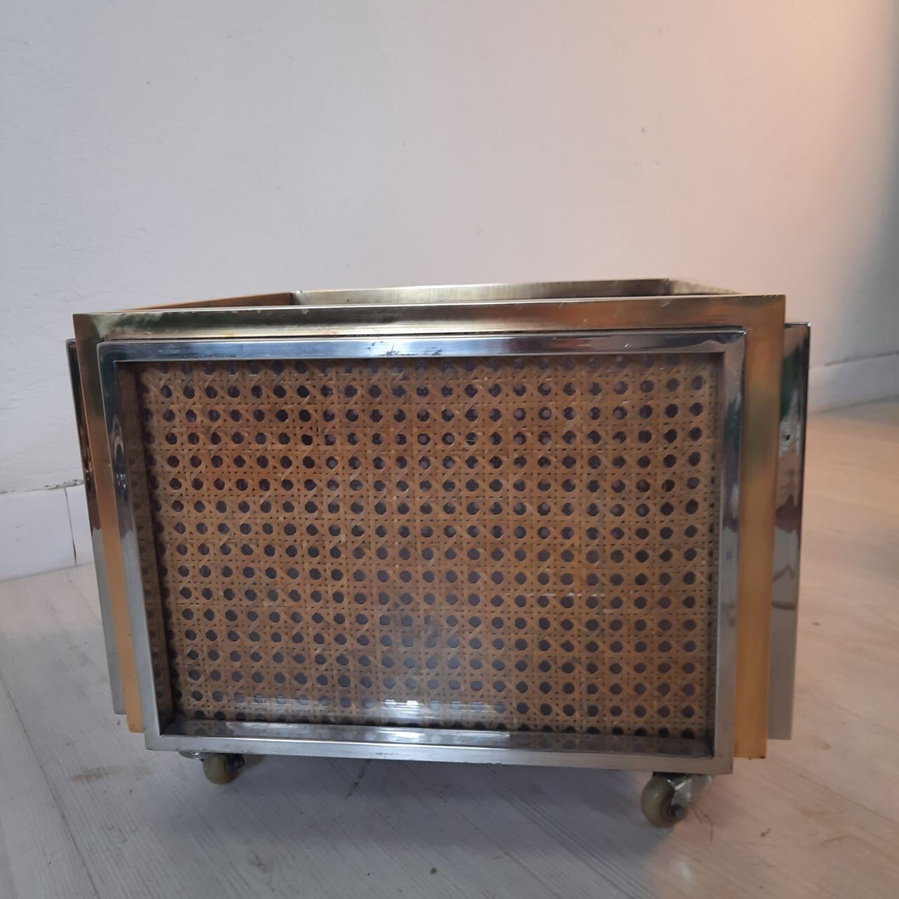 Planter, vintage storage with lightweight wheels, straw, brass and steel, hollywood regency