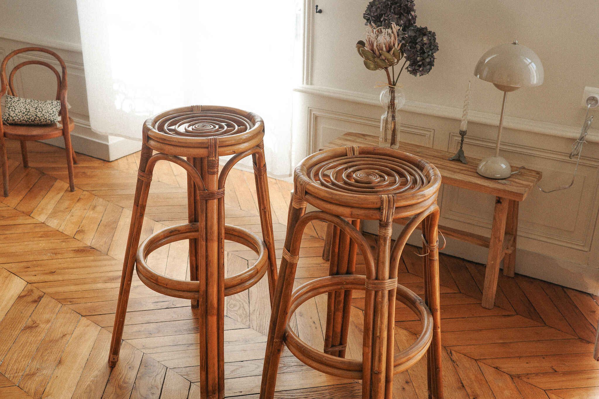 Pair of Louis Sognot bar stool in rattan 1950