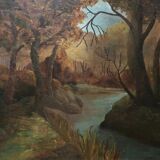 Peinture ancienne signée, Riverbank, 20ème siècle