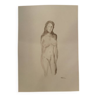 Tableau signé aquarelle monochrome sépia portrait féminin «  dans les yeux »