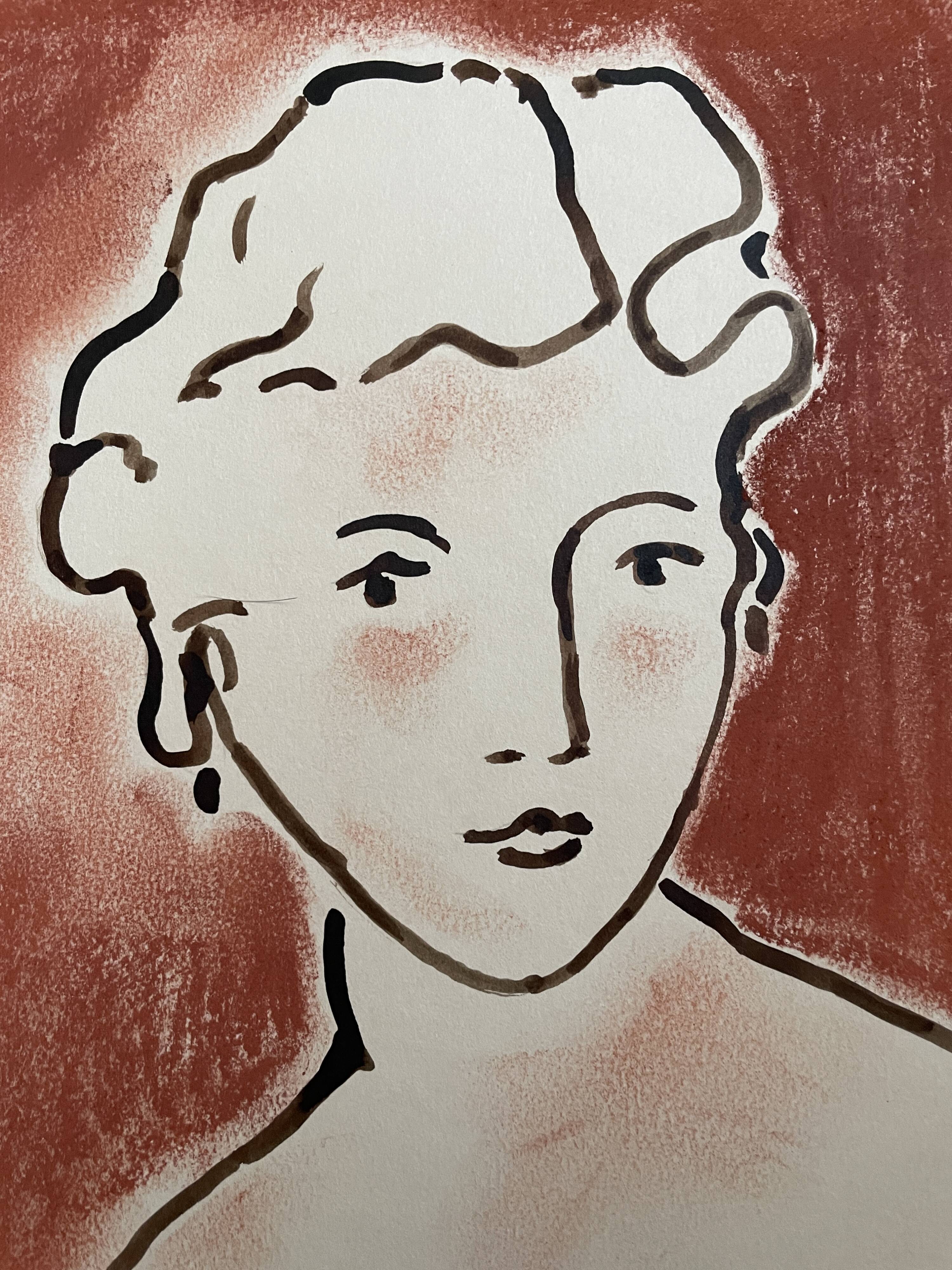 Painting signed Chinese ink and pastel female portrait “study”