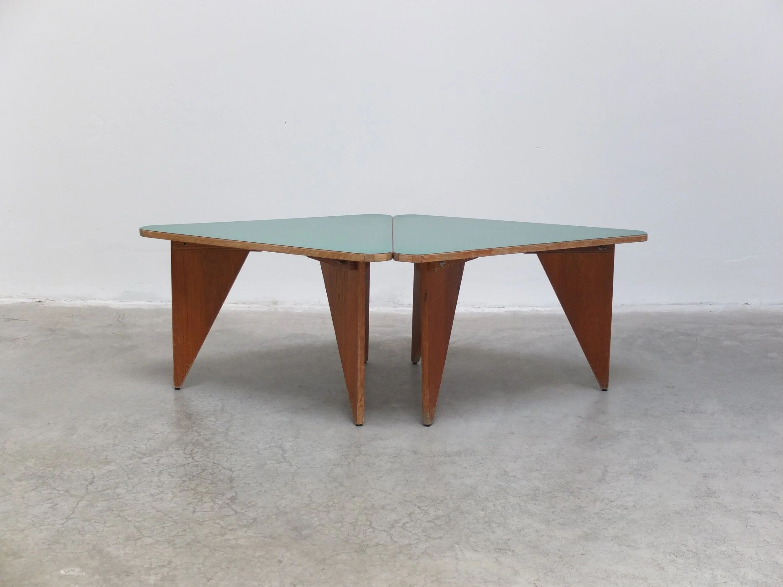 Unique pair of triangular coffee or side tables, 1960s