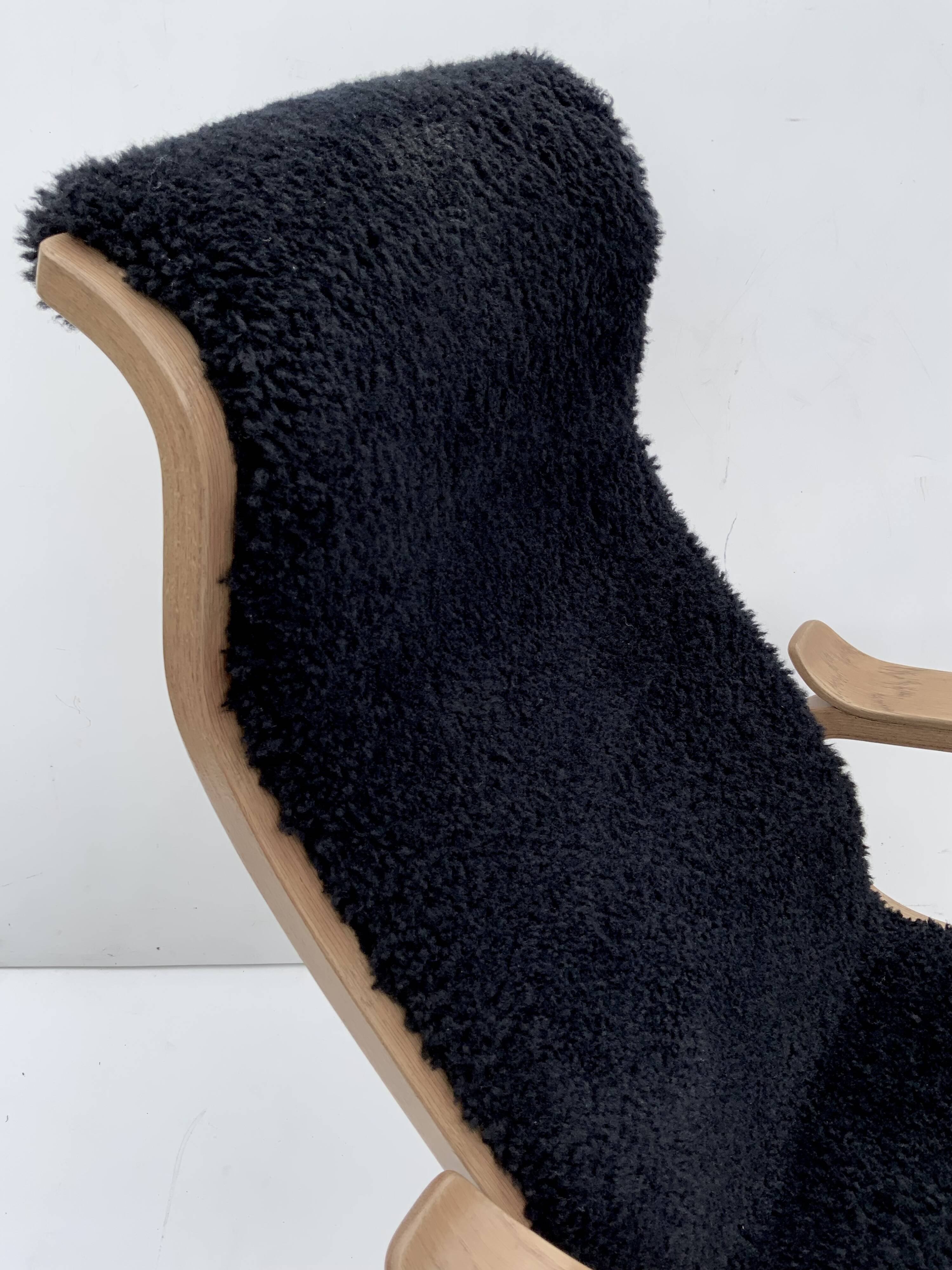 Vintage G.A. Berg “Torparen” Armchair, Oak, Black Sheepskin, Ottoman, 1960s