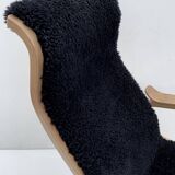 Vintage G.A. Berg “Torparen” Armchair, Oak, Black Sheepskin, Ottoman, 1960s