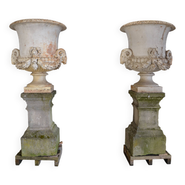 Pair of Neoclassical Style Cast Iron Vases, 19th Century