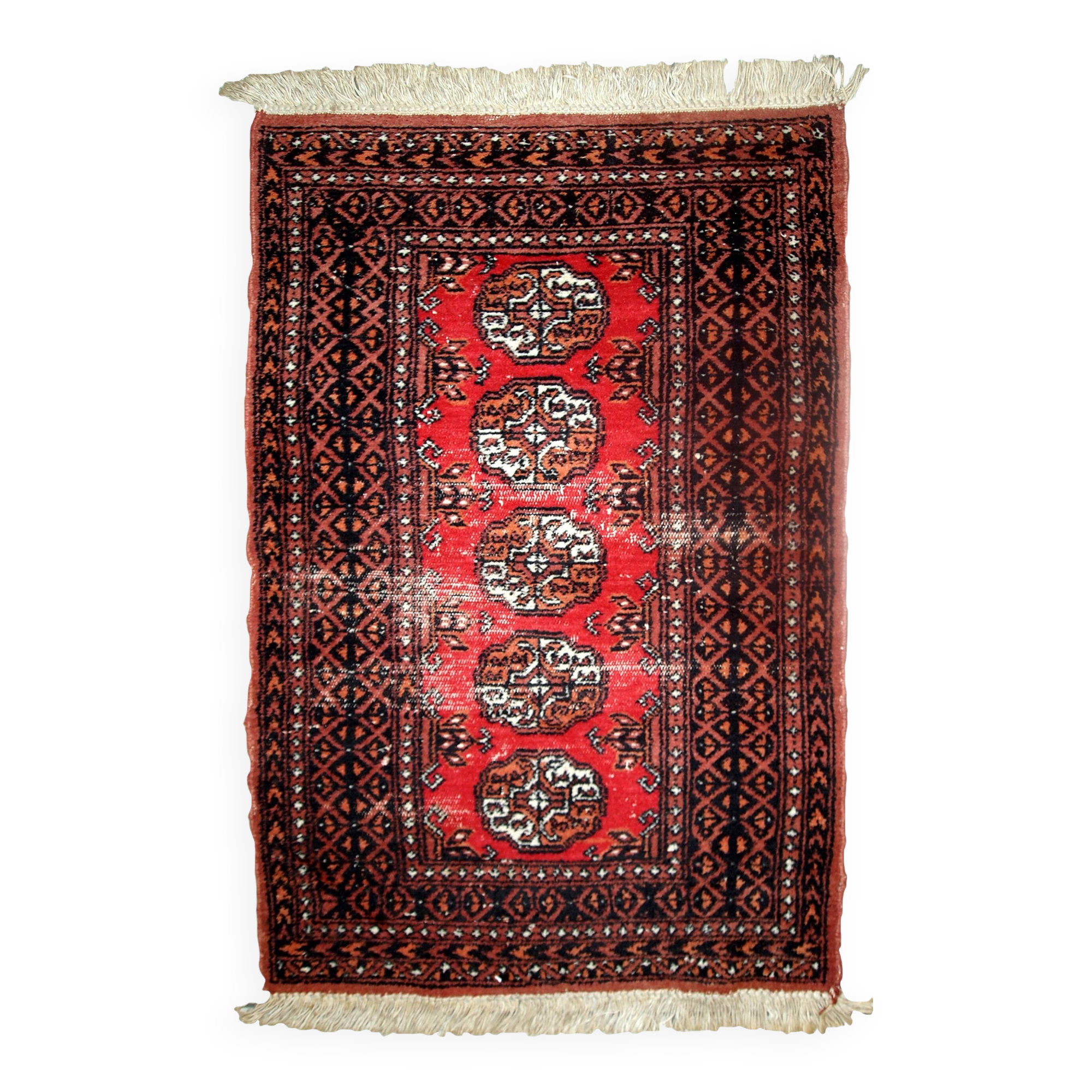 Tapis vintage fait main Lahore en laine rouge (75cm x 119cm) – Années 1960