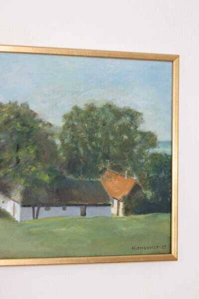 Original Swedish oil on canvas – “Landscape with Farm” by H. Engkvist – dated 1983 – vintage & framed – 41 × 50 cm (16.1" × 19.7")