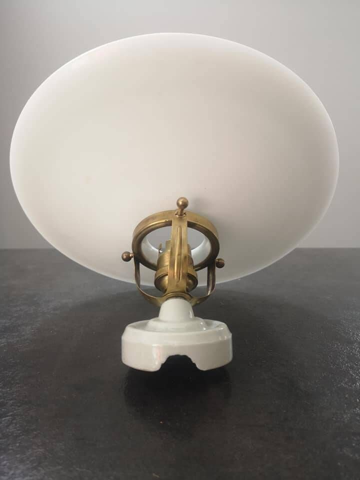 Old white opaline wall lamp with art deco porcelain foot 1930