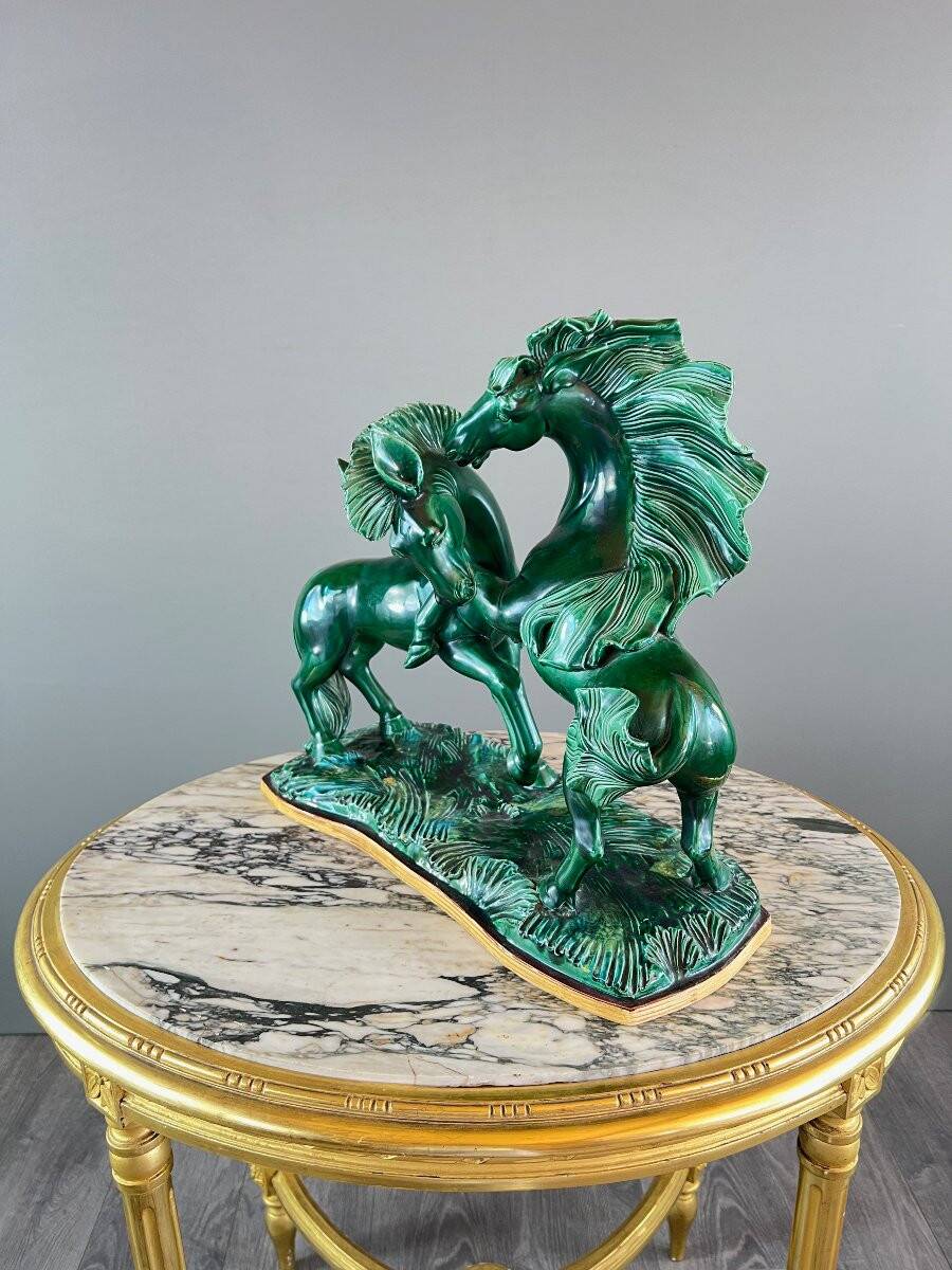 Glazed Ceramic Sculpture, Two Horses, Signed R. Prunet, 20th Century