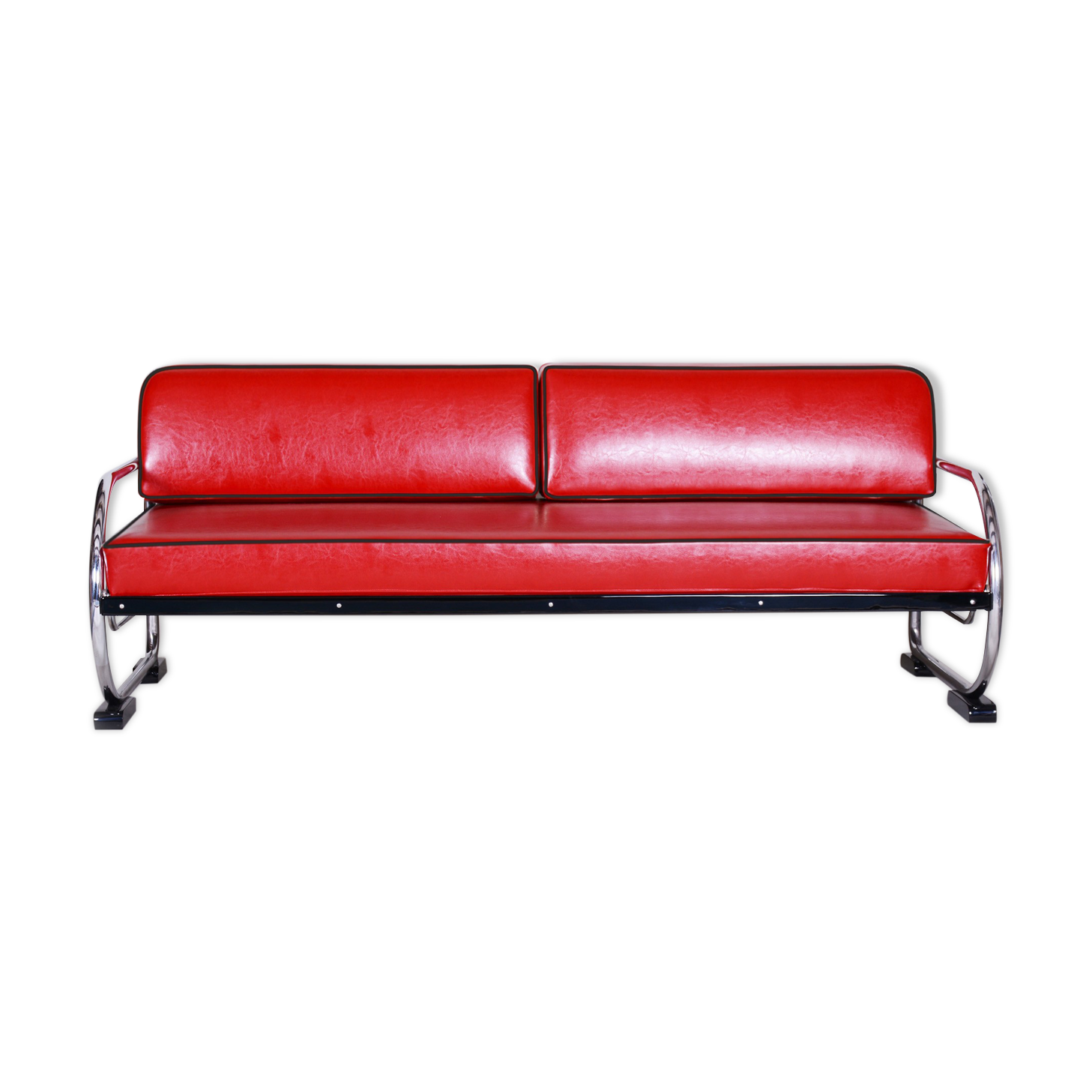 Red Slezak leather sofa made in 1930s Czechia