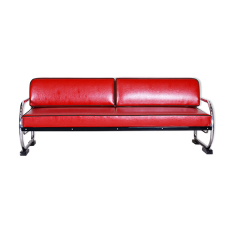 Red Slezak leather sofa made in 1930s Czechia