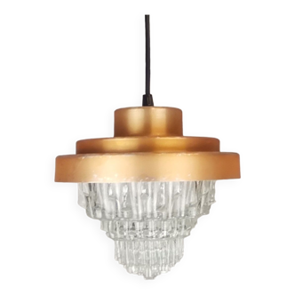 Lampe suspendue moderne en verre clair et en aluminium de couleur cuivre, années 1960