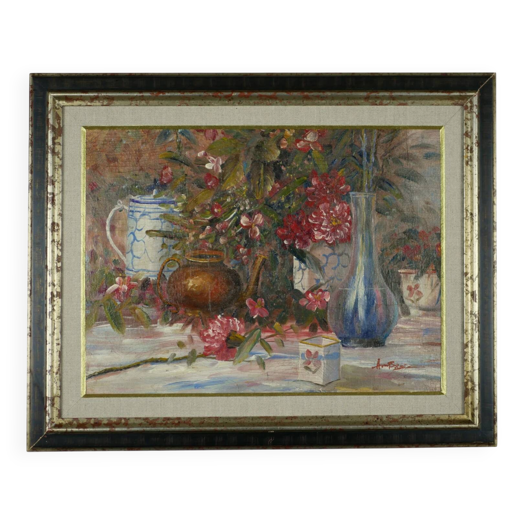 Still life with pink flowers and blue pots.
