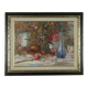 Still life with pink flowers and blue pots.