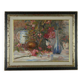Still life with pink flowers and blue pots.
