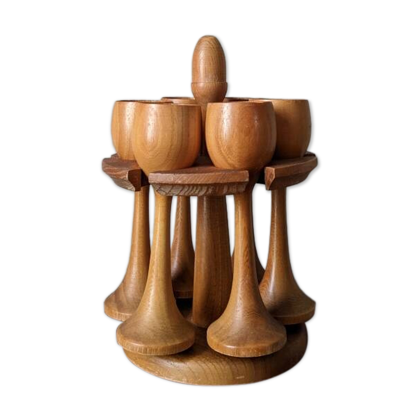 Egg cups on turned wooden legs, Scandinavian country decor