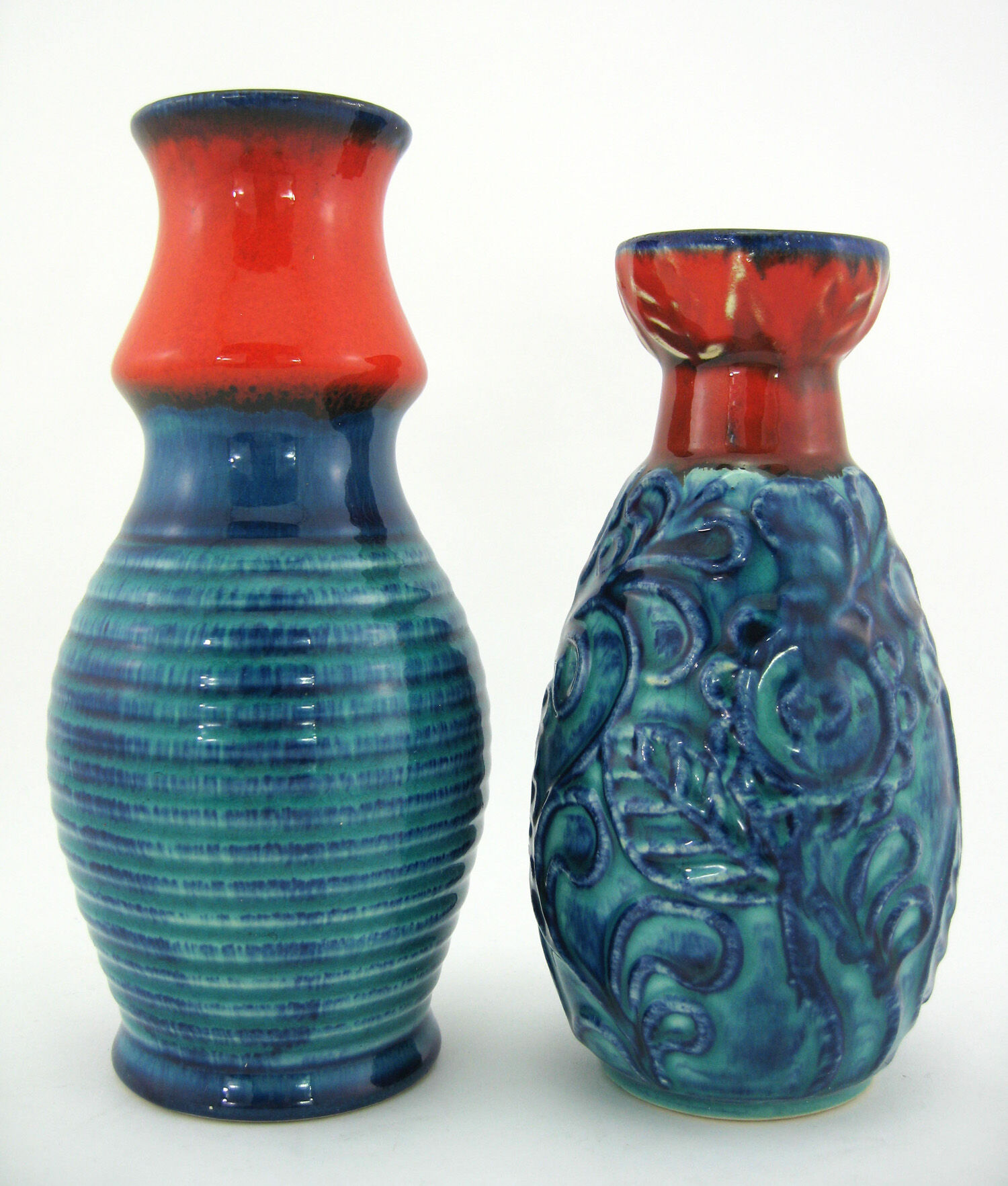 2 red and blue ceramic vases - Bodo Mans Bay Keramik - West Germany Pottery - vintage 60s