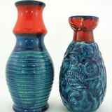 2 red and blue ceramic vases - Bodo Mans Bay Keramik - West Germany Pottery - vintage 60s