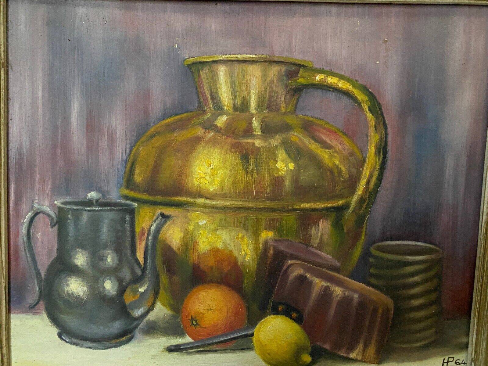 Oil on cardboard still life with fruit and saucepan HP 1964