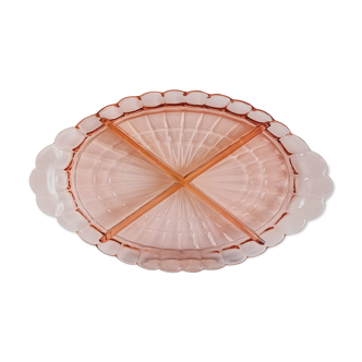 Compartmentalized aperitif dish in pink glass