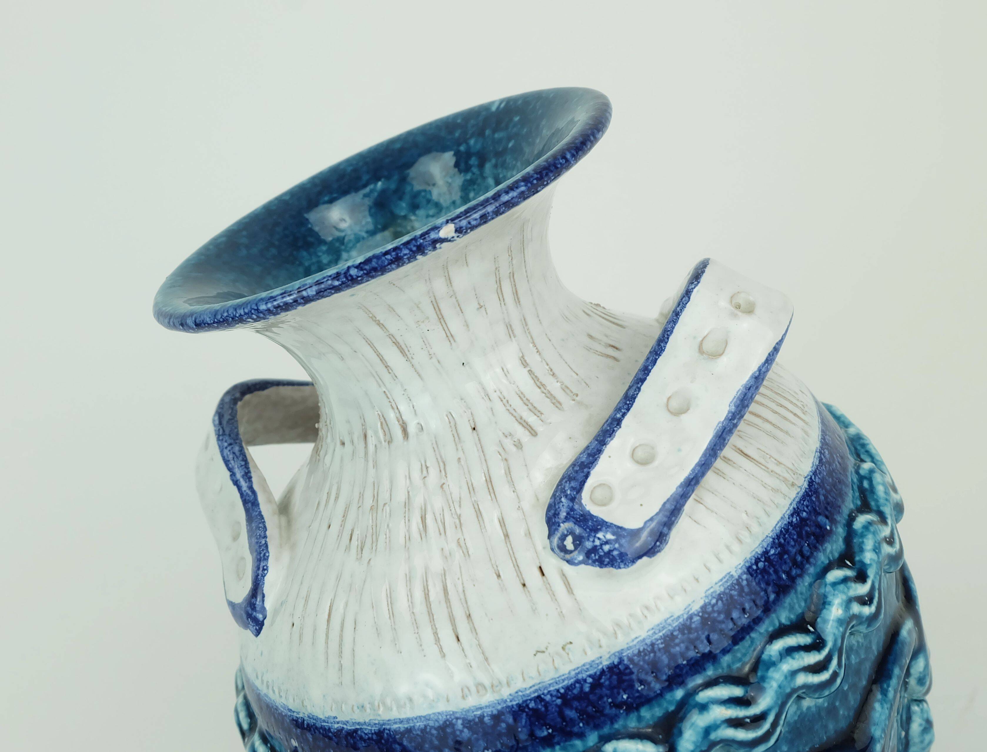 italian mid century VASE nuovo rinascimento relief decor white blue turquoise