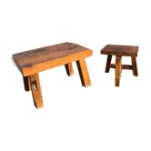 Table basse et son tabouret bois brut style brutaliste