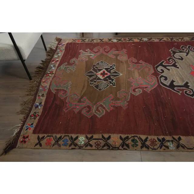 1970s Vintage Turkish Oushak Handmade Wool Cotton Red Area Rug 190x375