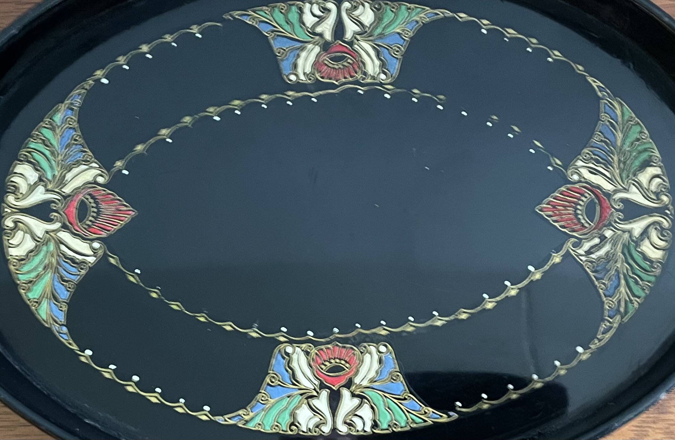 Art Deco black enameled serving tray with decoration