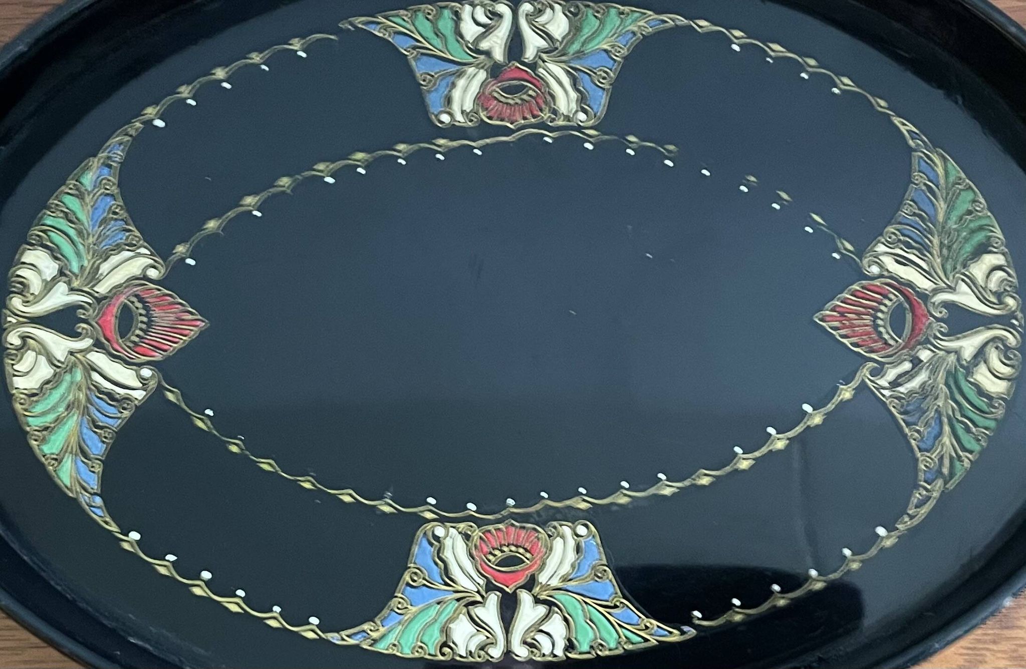 Art Deco black enameled serving tray with decoration