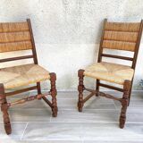Pair of straw and solid oak chairs