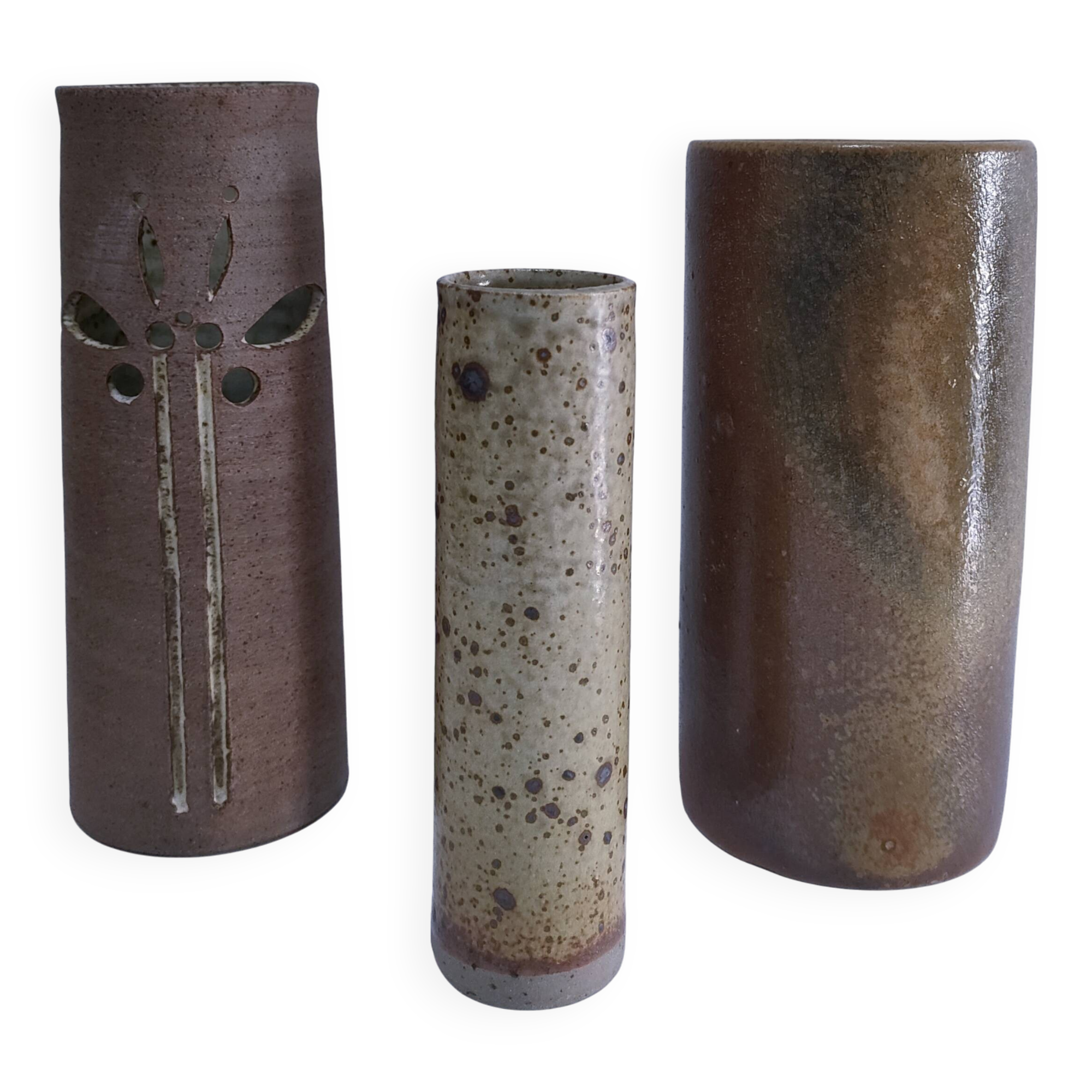 three vintage stoneware roller vases