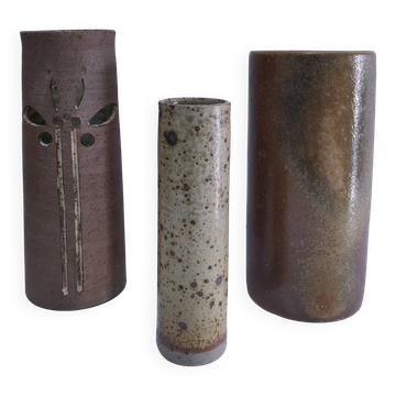 three vintage stoneware roller vases